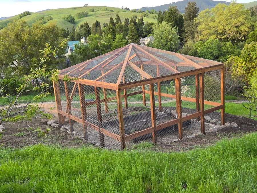 Custom wood-framed greenhouse with wire mesh panels on scenic hillside property